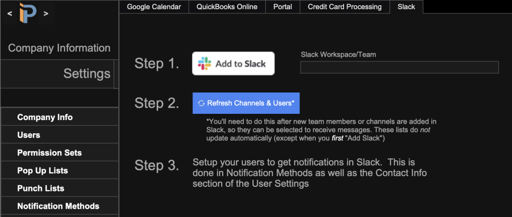 Slack Integration Window Slack Integration Window