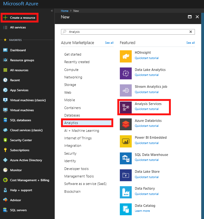 Selecting the Analysis Services from Azure Marketplace