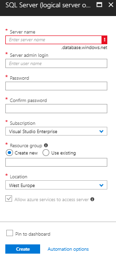 Create Azure SQL Server