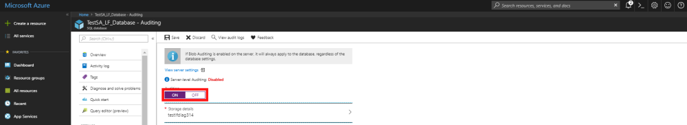 Highlighting the toggle to turn Auditing on/off