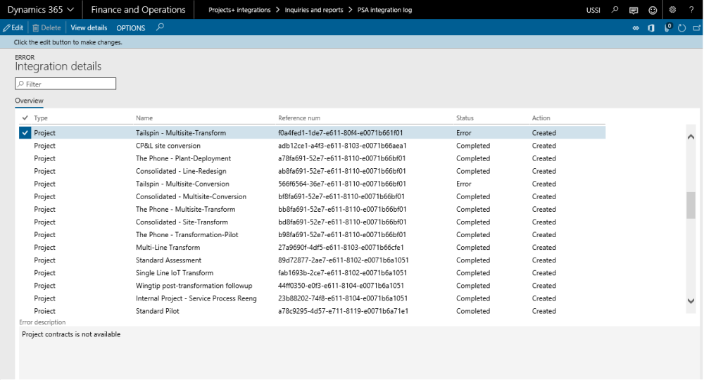 Projects Integration Log Details