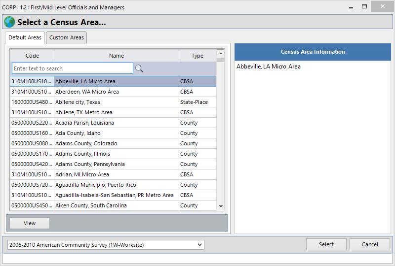 Census Area Options Census Area Options
