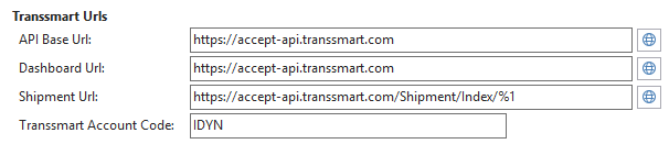 Figure 2-7: ShipIT Setup General FastTab Transsmart URLs