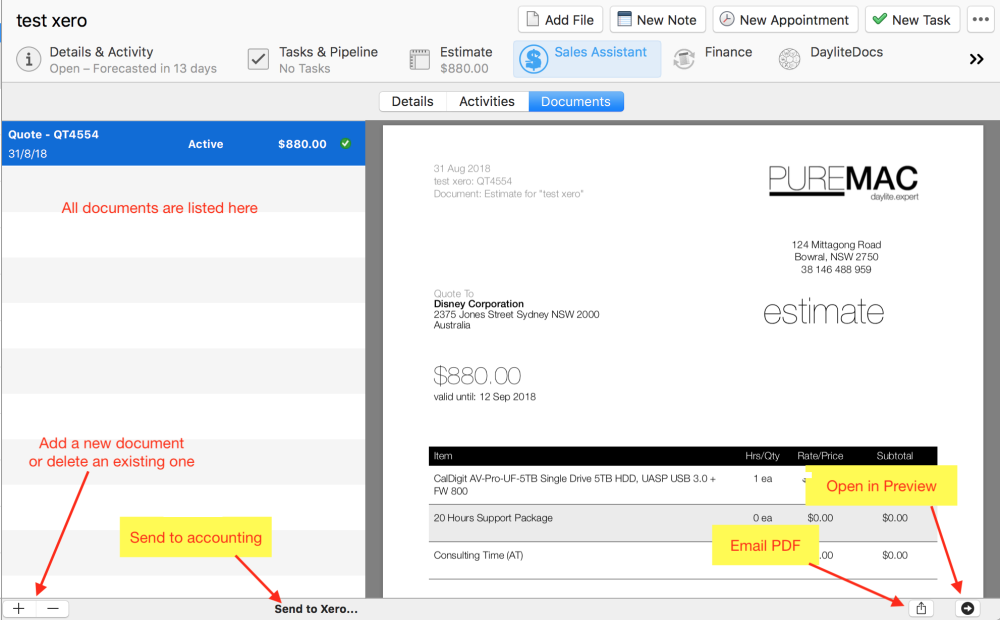 Document controls inside DSA Document controls inside Daylite Sales Assistant