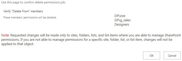Use this page to confirm delete permissions job Use this page to confirm delete permissions job