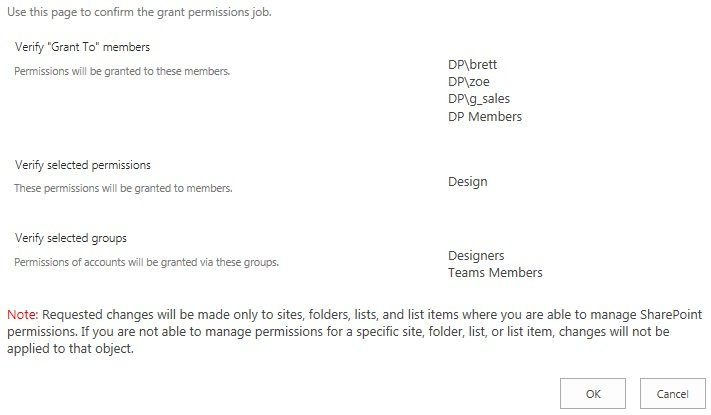 Use this page to confirm the grant permissions job Use this page to confirm the grant permissions job