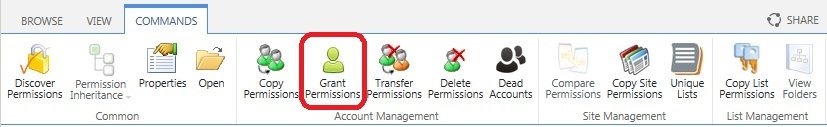 Commands Ribbon tab, click Grant Permissions Commands Ribbon tab, click Grant Permissions