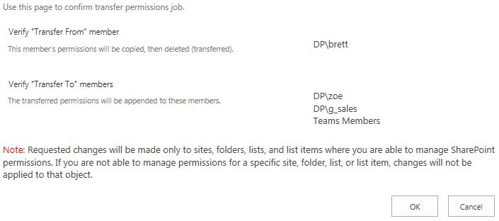 Use this page to confirm transfer permissions job Use this page to confirm transfer permissions job