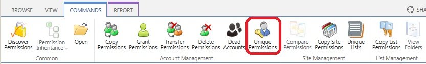 On the Commands Ribbon tab, click Unique Permissions On the Commands Ribbon tab, click Unique Permissions