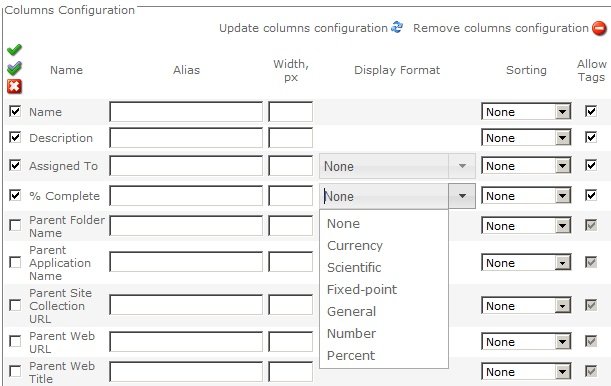Configure Display Provider step Columns Configuration section Select number format from the Display Format list