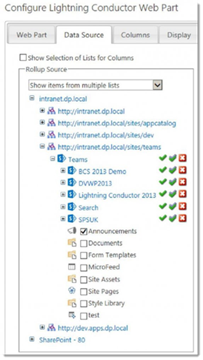 Configuring aggregating data from lists on Data Source tab Select Show Items From Multiple Lists in Rollup Source section
