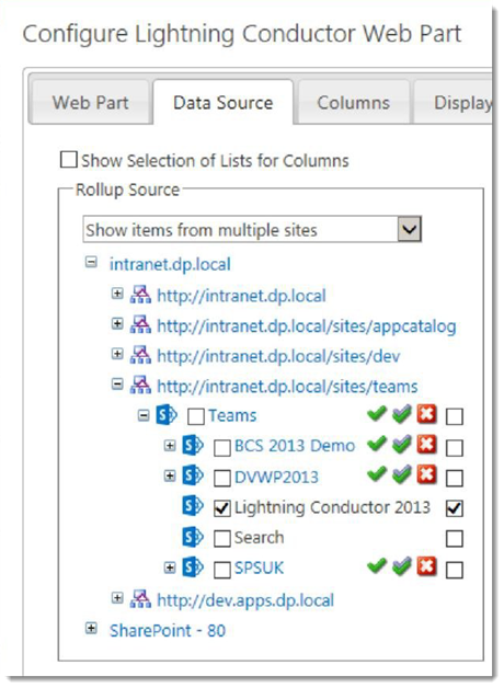 Configuring aggregating data from sites on Data Source tab Select Show Items From Multiple Sites in Rollup Source section