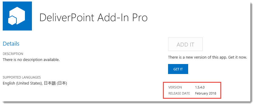 DeliverPoint Add-In Details and Version DeliverPoint Add-In Details and Version