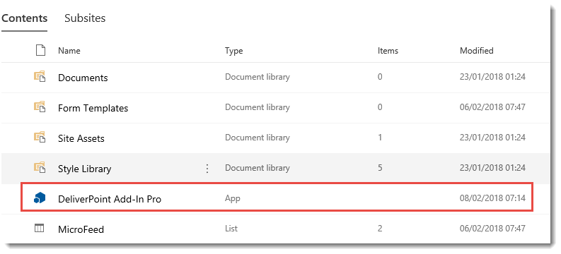 DeliverPoint Add-In Site Contents Page DeliverPoint Add-In Site Contents Page