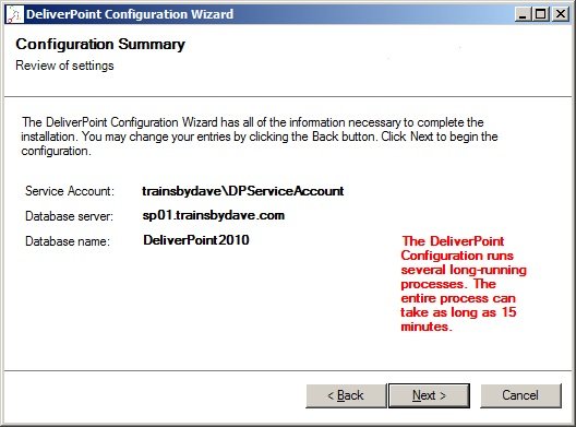 DeliverPoint Configuration Wizard - Summary Click Next.