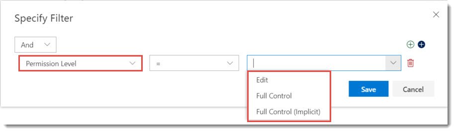 Filter values menu Filter values menu