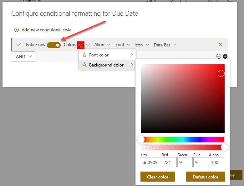 Conditional formatting example