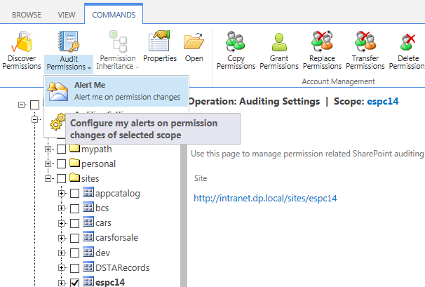 Enable Alert Me Select site or site collection and then click Alert Me