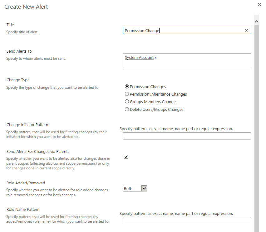 Create an Alert Me Create New Alert dialog