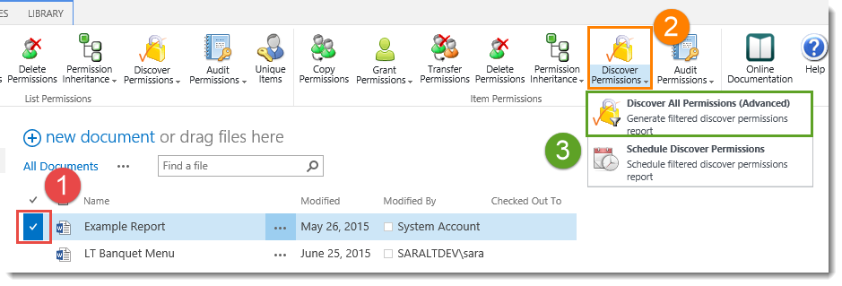 On the DeliverPoint Ribbon tab, click Discover Permissions in the Item Permissions group On the DeliverPoint Ribbon tab, click Discover Permissions in the Item Permissions group