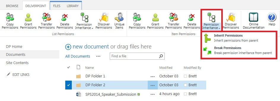 On the DeliverPoint RIbbon tab, click Permission Inheritance On the DeliverPoint RIbbon tab, click Permission Inheritance