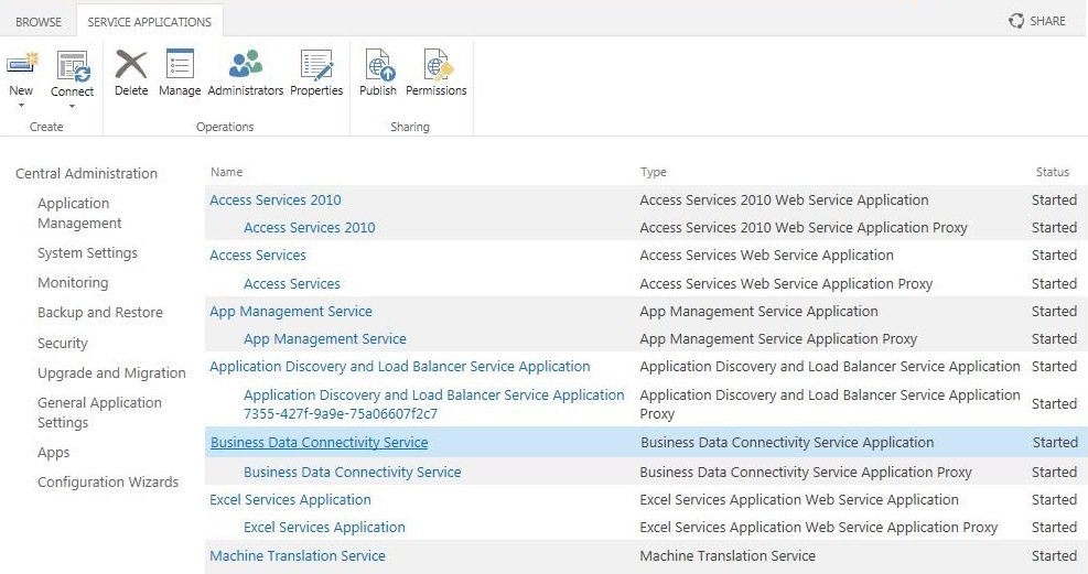 Service Application page Click the name of the BCS service application