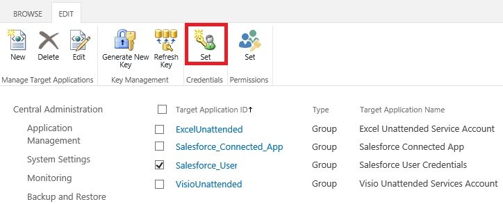 On Edit tab, click Set in the Credentials group On Edit tab, click Set in the Credentials group