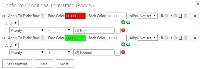 Configure Conditional Formatting dialog Configure Conditional Formatting dialog