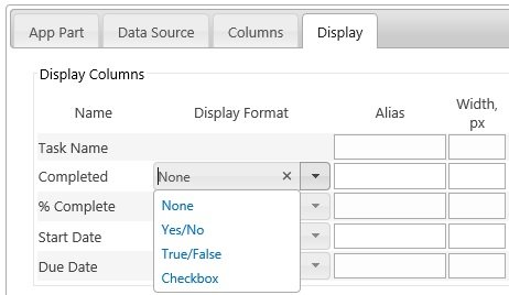 Display Columns section, format options Display Columns section, format options