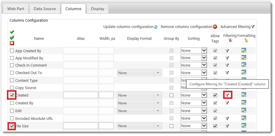 Select the columns you wish to display and then configure the filter Click the Filter icon to the right of Created.