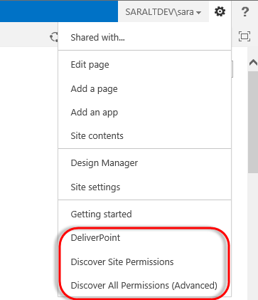 SharePoint Site Actions DP Menu Options Site Actions DeliverPoint Options