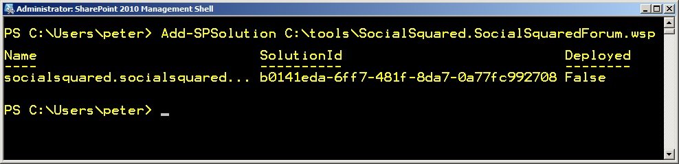 Add-SPSolution Upload SocialSquared.SocialSquaredForum.wsp to SharePoint farm