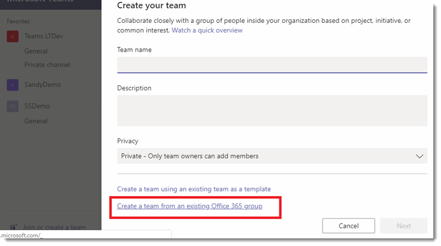Click to create team from existing group Click to create team from existing group