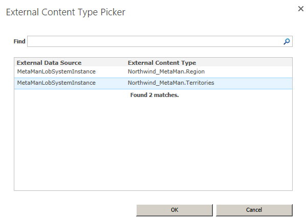 Select Territories external content type Select Territories external content type