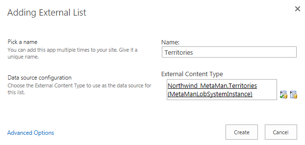 Territories external list displayed on the Adding External List dialog Territories external list displayed on the Adding External List dialog