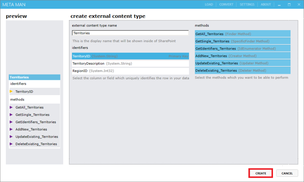 Configure the external content type and then click Create Configure the external content type and then click Create