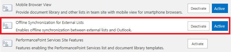 Activate the Offline Synchronization for External Lists site feature Activate the Offline Synchronization for External Lists site feature