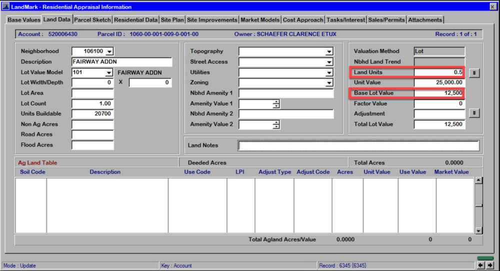 Lot Data Example Lot Model Table Example - Residential Appraisal File - 1
