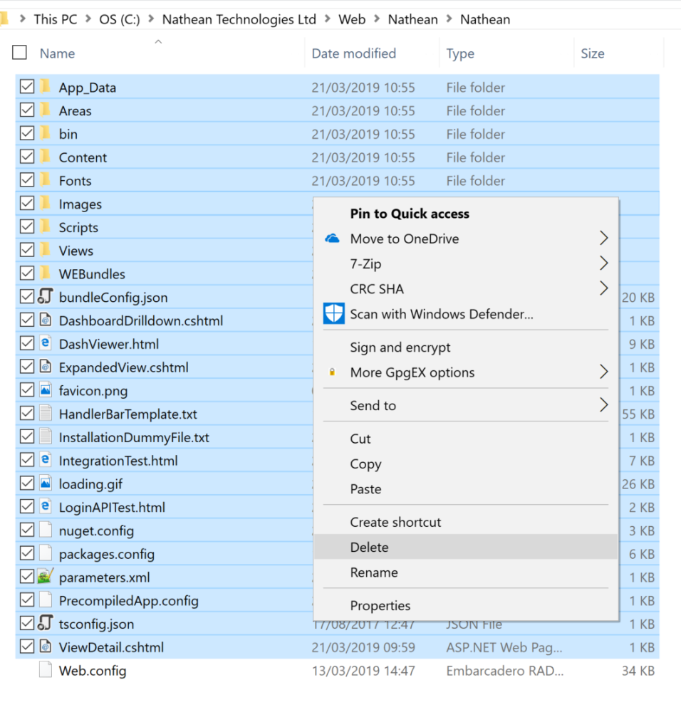 Remove all files except for the web.config from the current