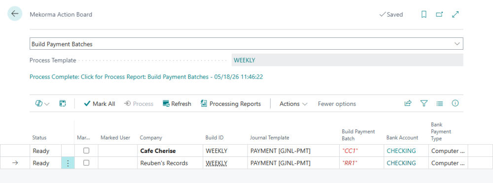 Select Build Payment Batches and mark your process template lines to build batches. A screenshot showing the Build Payment Batches feature of Action Board.