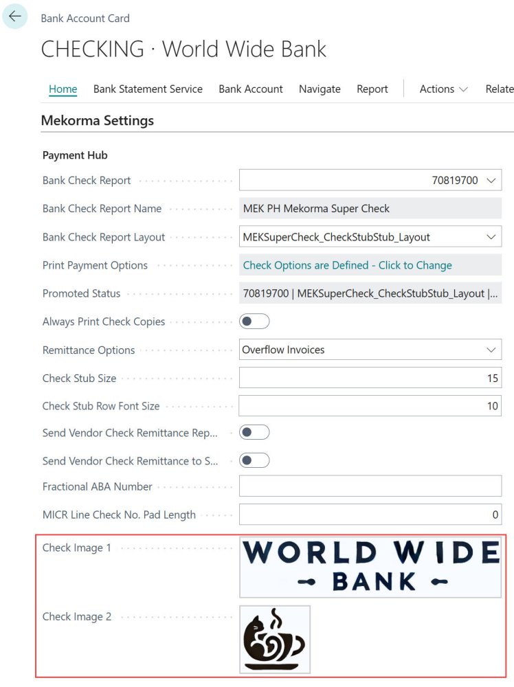 Screenshot of the Mekorma Settings in a bank account card with check images uploaded.