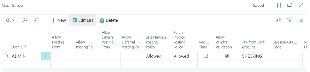 Screenshot of the User Setup page showing the pay-from bank account Checking selected for the user 'ADMIN'.