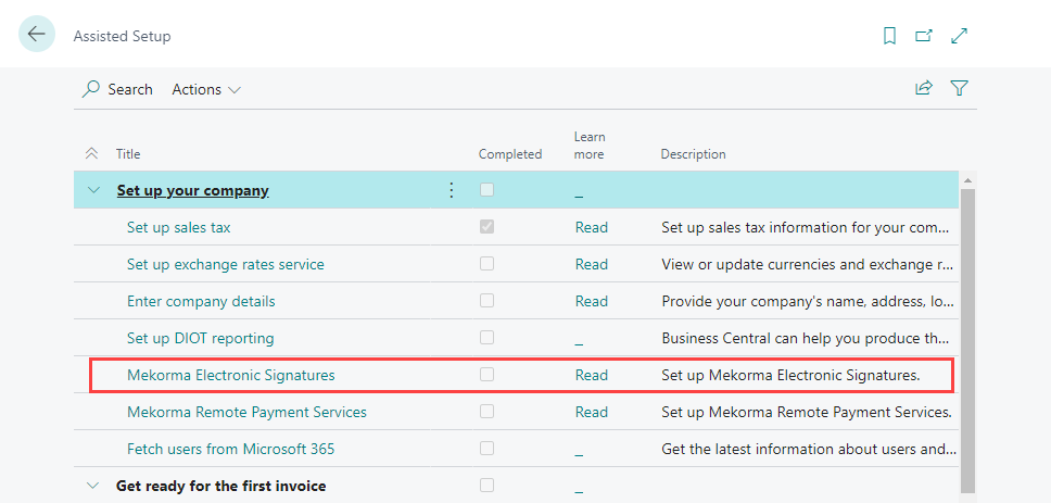 Open Mekorma Electronic Signatures for assisted setup wizard