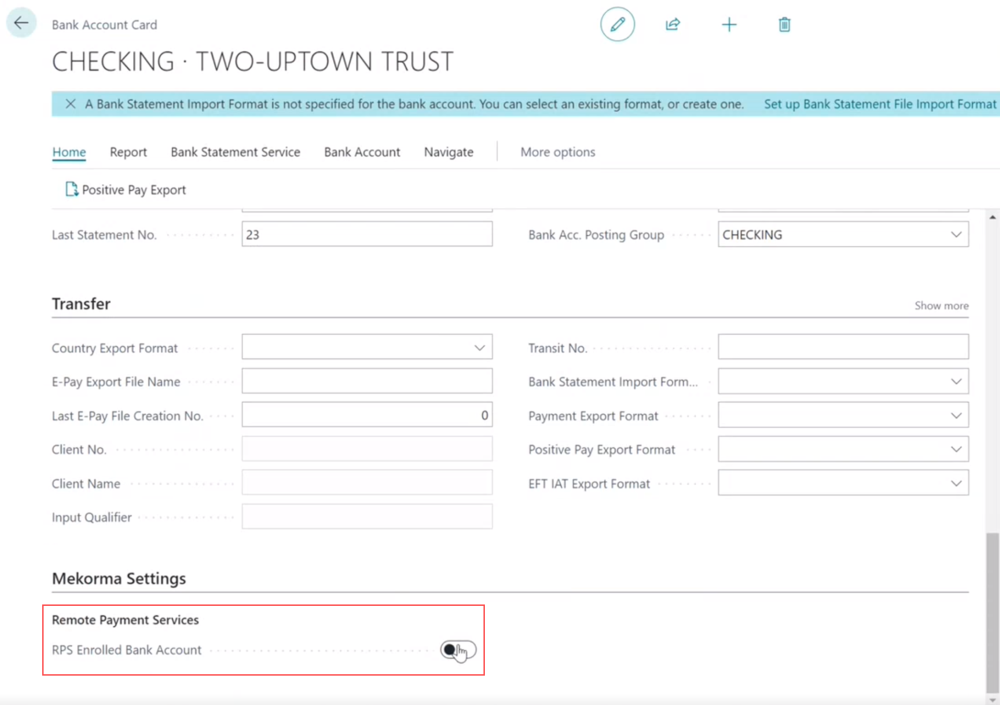 Click the RPS Enrolled Bank Account to enable RPS for this bank account. Screenshot showing how to enable RPS for a specific bank account.