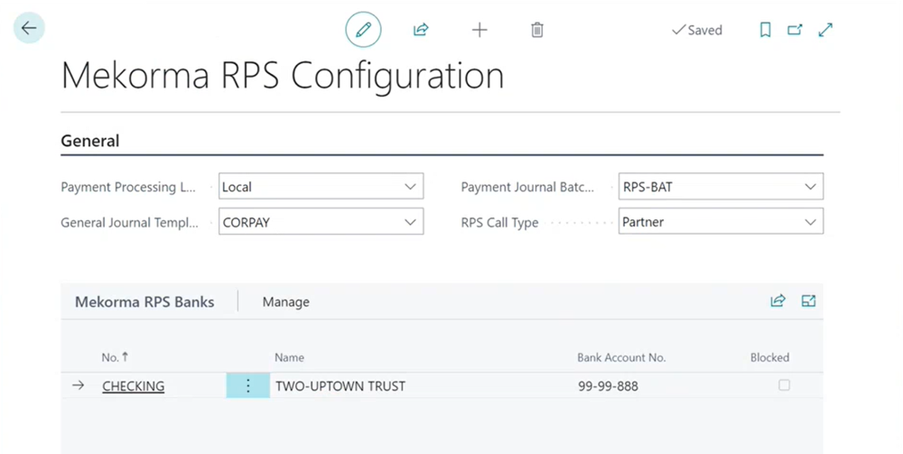 A successfully configured environment. Screenshot showing the Mekorma RPS Configuration screen with a successfully configured environment.