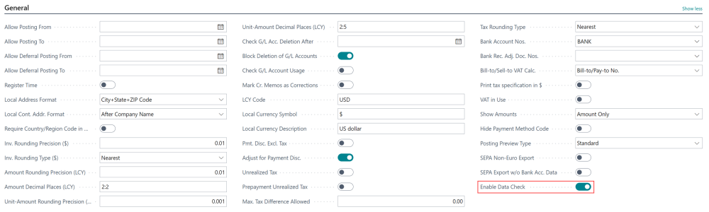 Screenshot of the Enable DataCheck option in the General Ledger Setup.