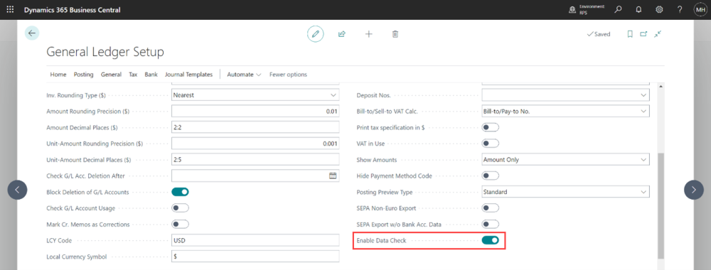 Screenshot showing Enable Date Check in the General Ledger Setup.