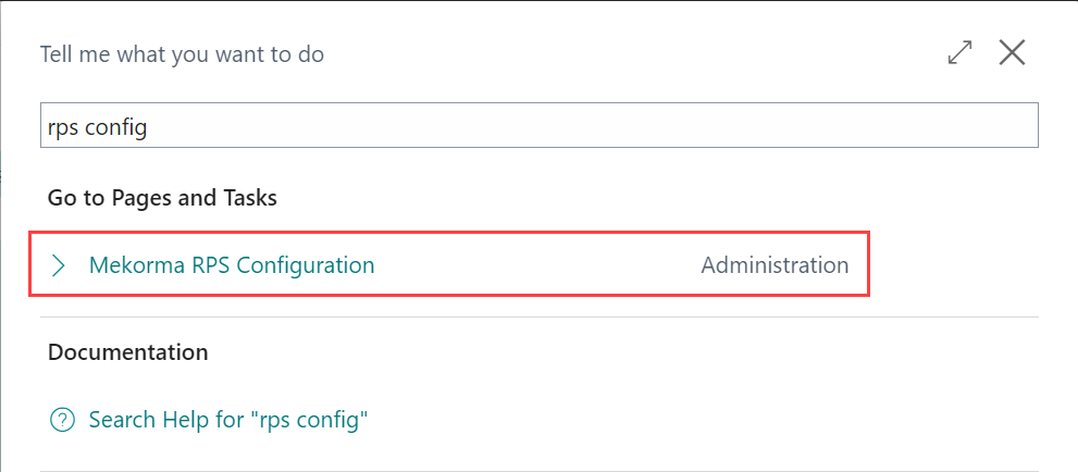 Open the Mekorma RPS Configuration page. Screenshot showing navigating to the Mekorma RPS Configuration page.