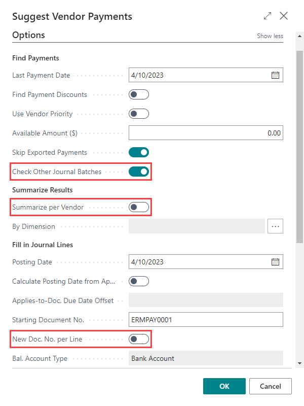Screenshot of the Suggest Vendor Payments page with options highlighted.