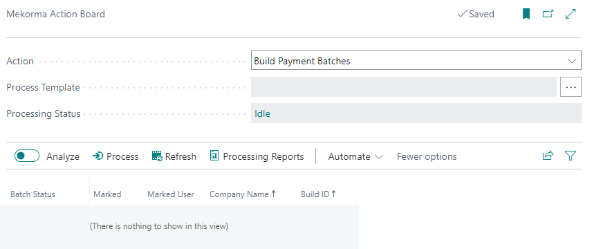 The Build Payment Batches main page Screenshot of the Build Payment Batches action.